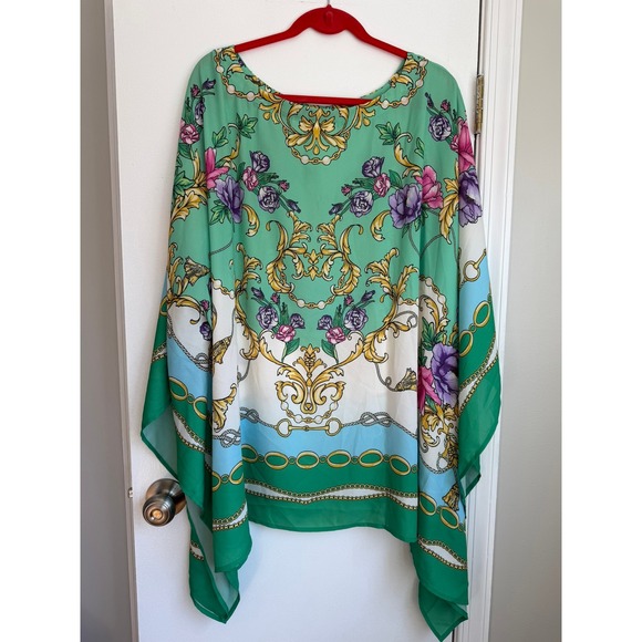 Belle by Kim Gravel Green Floral Scarf Print Kaftan Poncho Top 4X A636809 - Picture 2 of 11